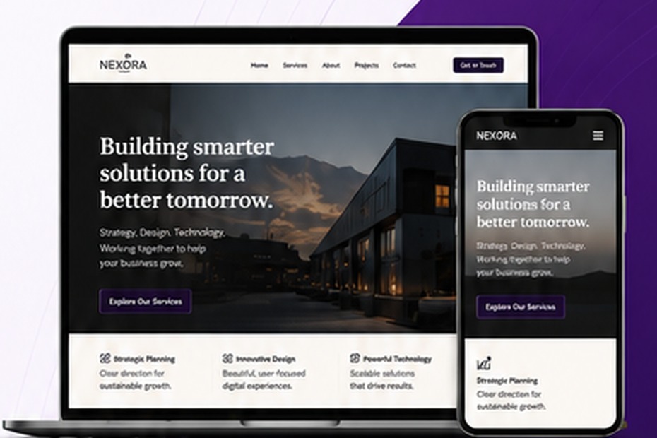 Responsive example website for a fictional business displayed on laptop and mobile
